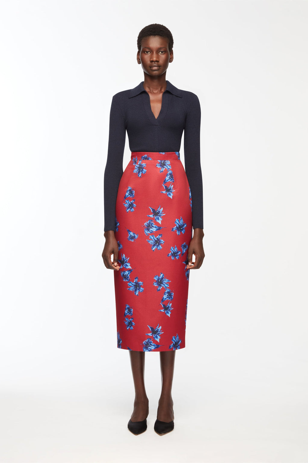 Lorelei Skirt In Red & Blue Festive Lillies Taffeta Faille