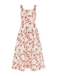 Shiloh Dress In Red Summer Lillies On Pink Taffeta Faille