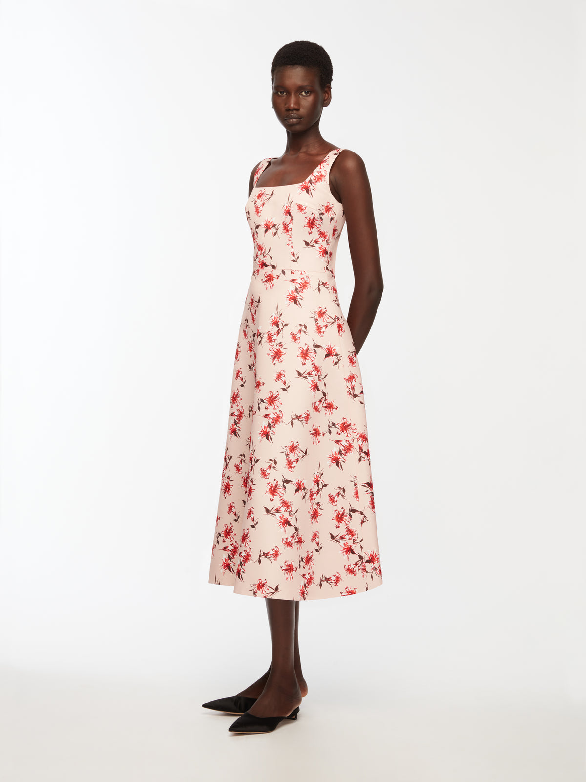 Shiloh Dress In Red Summer Lillies On Pink Taffeta Faille