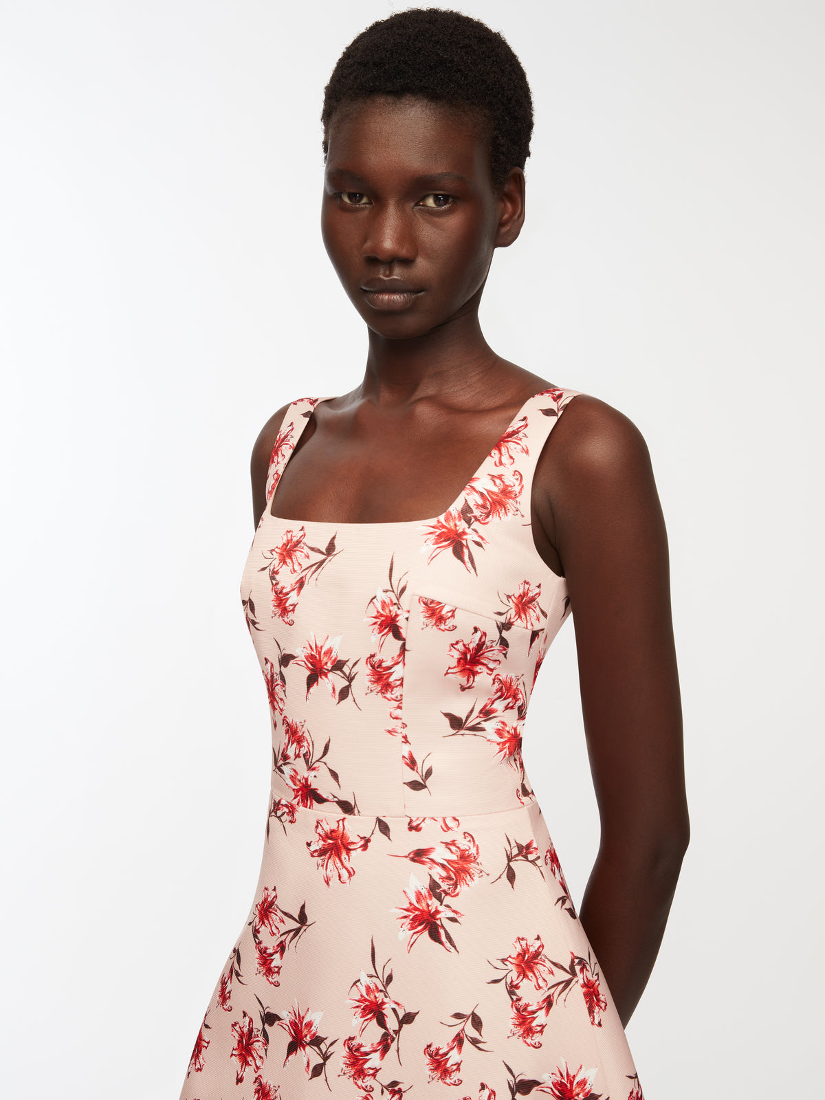 Shiloh Dress In Red Summer Lillies On Pink Taffeta Faille
