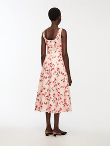 Shiloh Dress In Red Summer Lillies On Pink Taffeta Faille