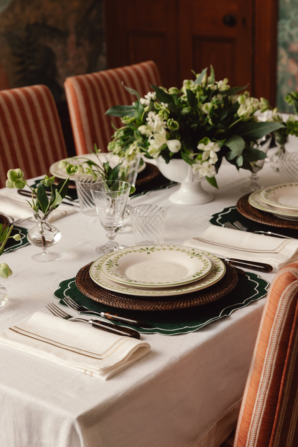 Rebecca Udall Elouise Dinner Plate, Green with the Classic Hemstitch Tablecloth