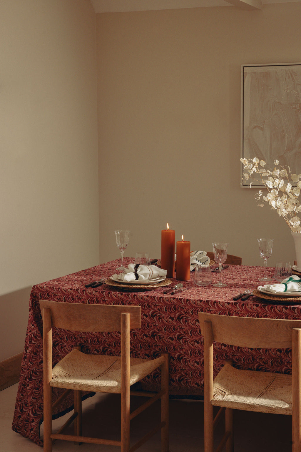 Rebecca Udall, Marble Patterned Linen Tablecloth Dinner Table Scene, Pink