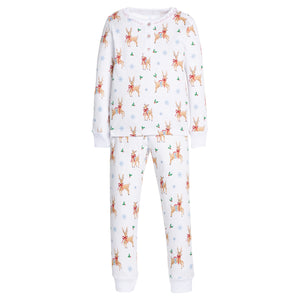 little english classic children's clothing girls long sleeve and pant pajama set with all over reindeer print for holiday 