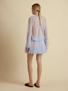 Silk Long Sleeve Gathered Blouse in Cornflower