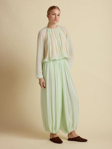 Silk Long Sleeve Gathered Blouse in Hemlock