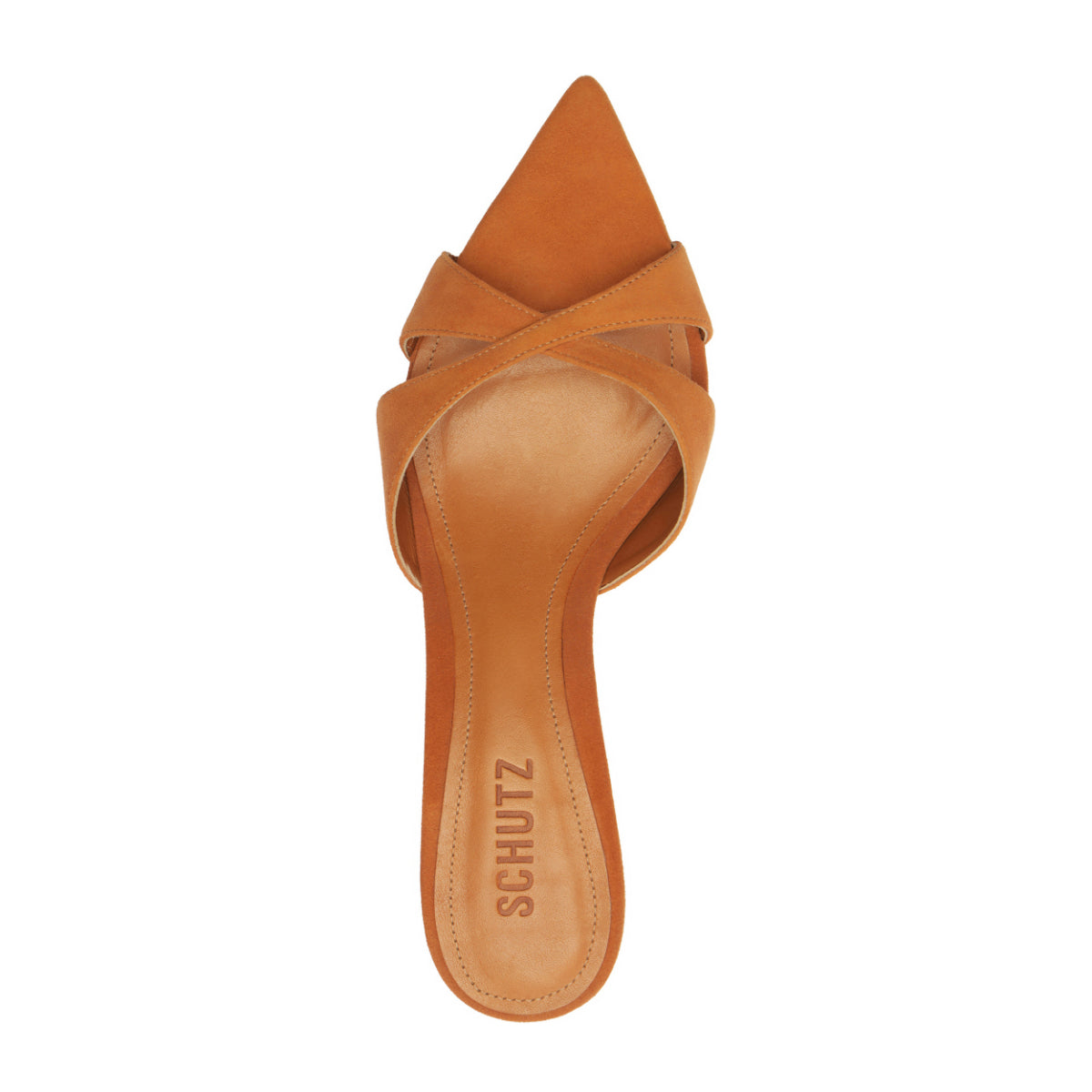 Top view of Hilda Leaf mule suede sandal showing pointed toe, crisscross straps and SCHUTZ insole on white background