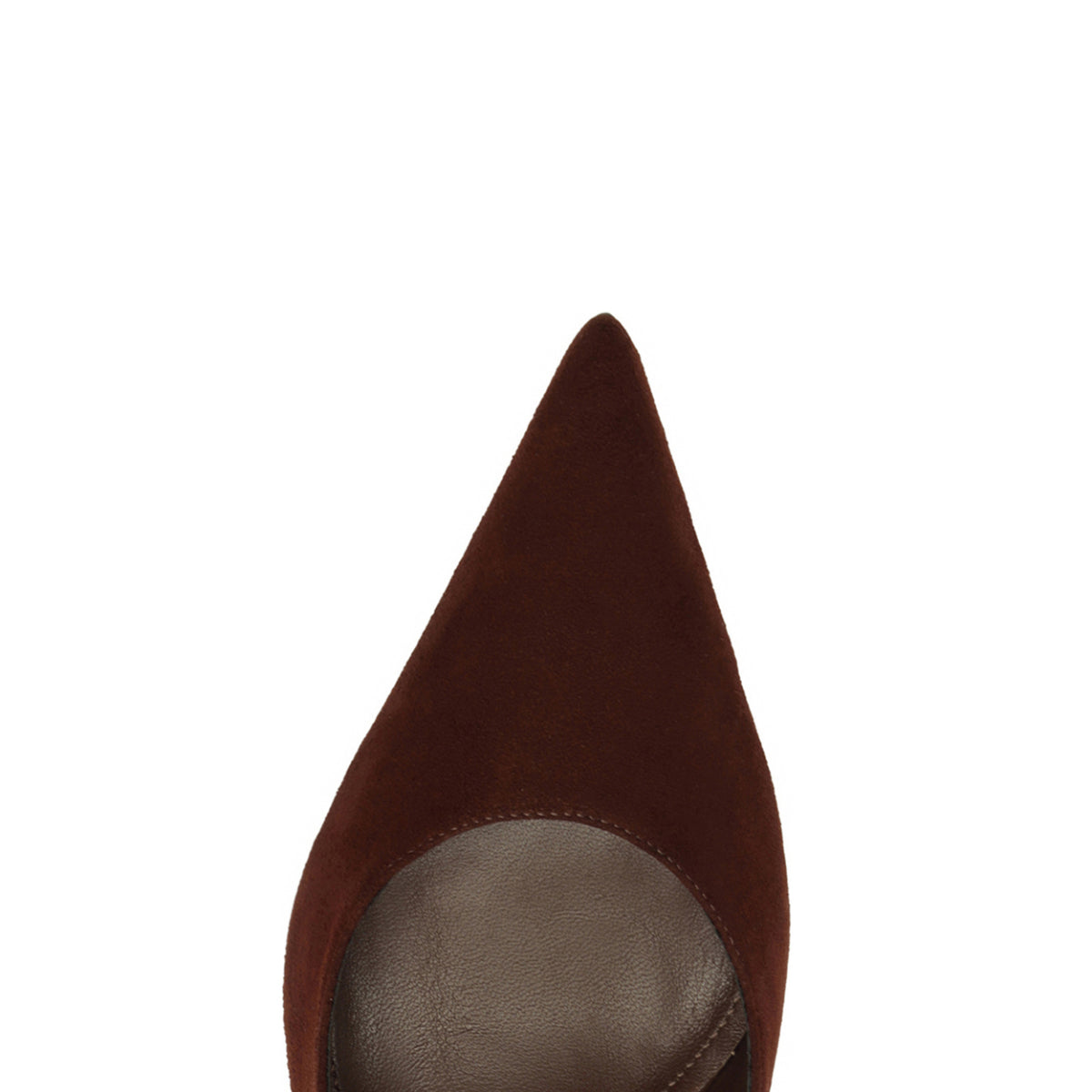 Top view of Alicia sling suede pump in root brown showcasing pointed toe and suede upper on white background
