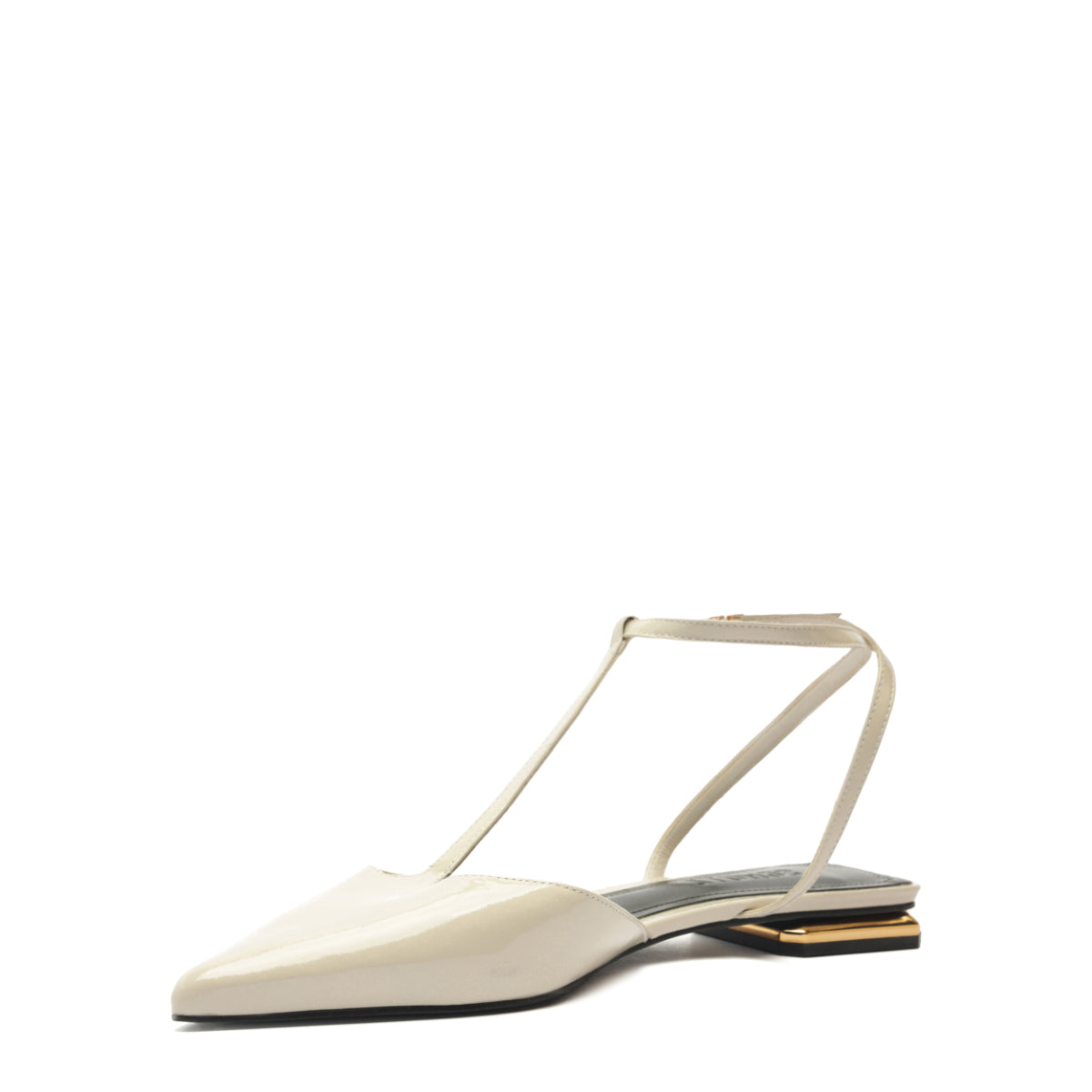 Three-quarter view of Allure T patent flat in sugar white with pointed toe, T-strap, glossy finish and gold heel