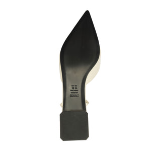 Sole view of Allure T patent flat in Sugar White showing black leather sole and square block heel on white background