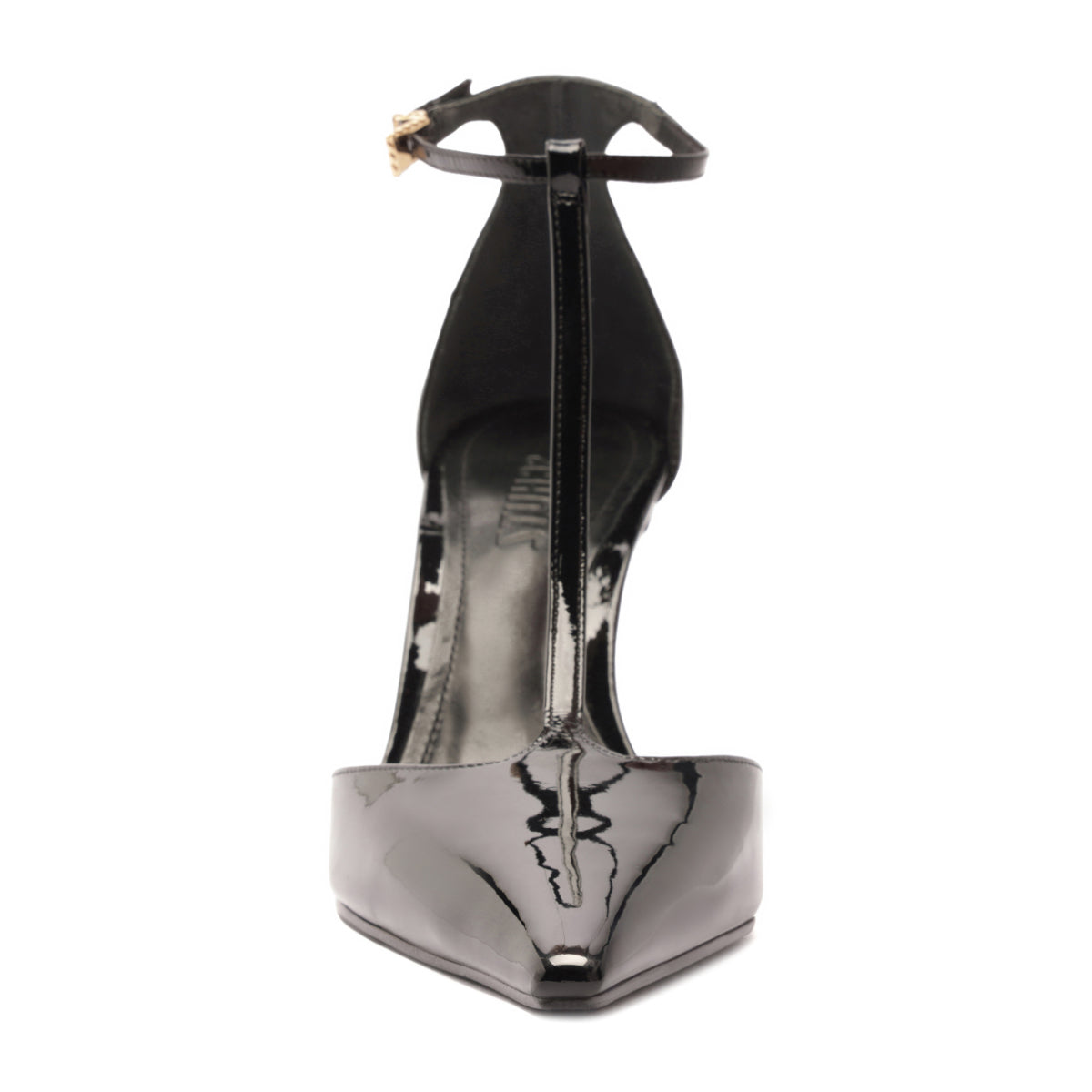 Front view of Allure T patent pump in black showcasing pointed toe, glossy patent finish, T-strap and ankle buckle on white background