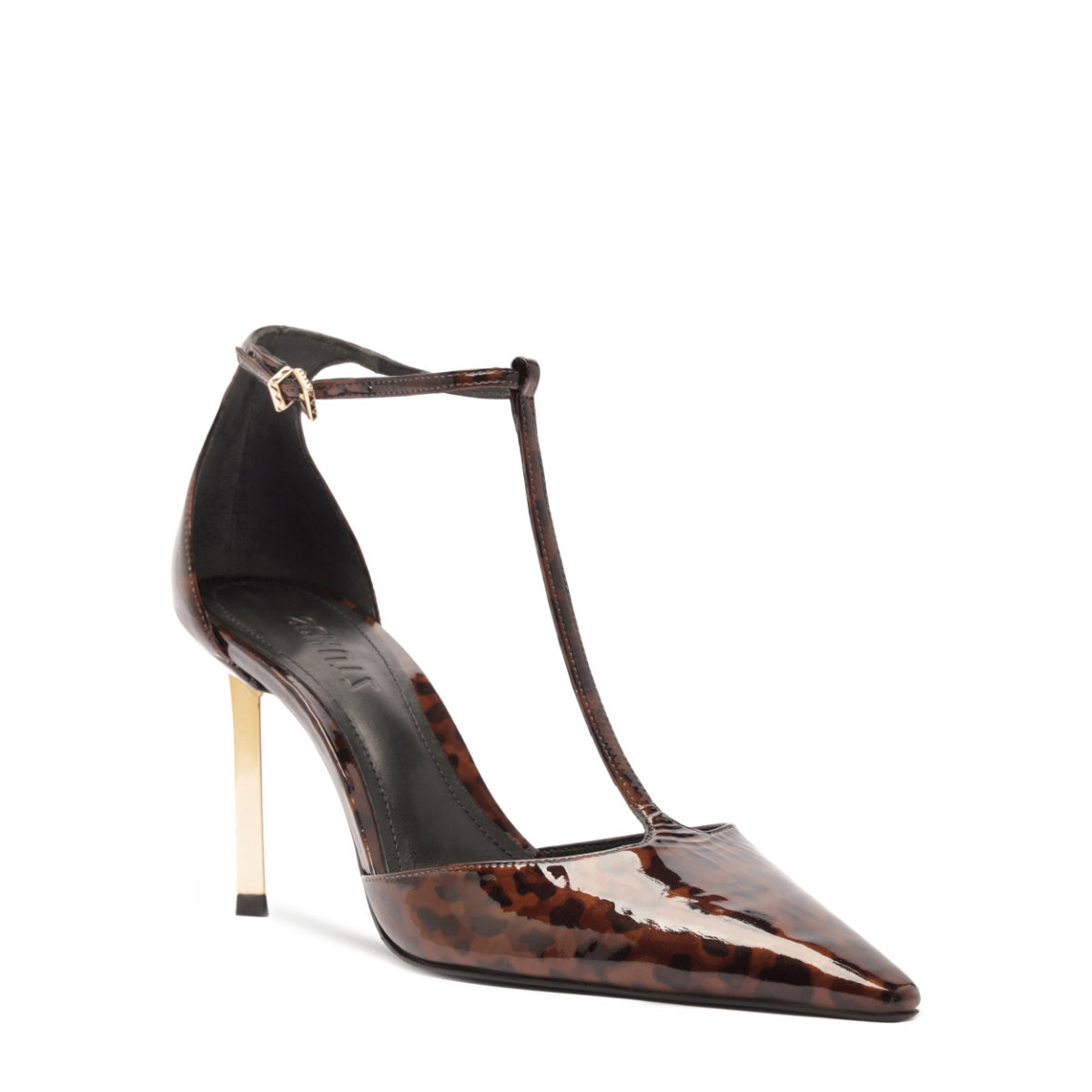 Three-quarter view of Allure T patent pump showing glossy tortoiseshell upper, T-strap and gold stiletto heel on white