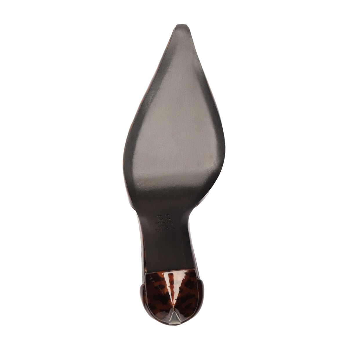 Bottom view of Allure T patent pump in natural showing pointed leather sole and tortoiseshell heel cap on white background