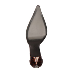 Bottom view of Allure T patent pump in natural showing pointed leather sole and tortoiseshell heel cap on white background