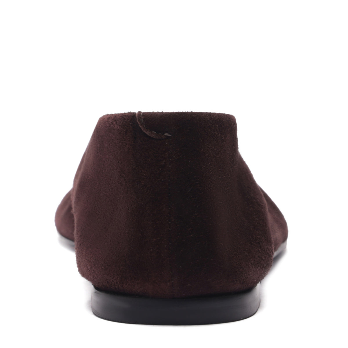 Rear view of Courtney suede flat in seal brown showcasing soft suede upper and low heel on white background