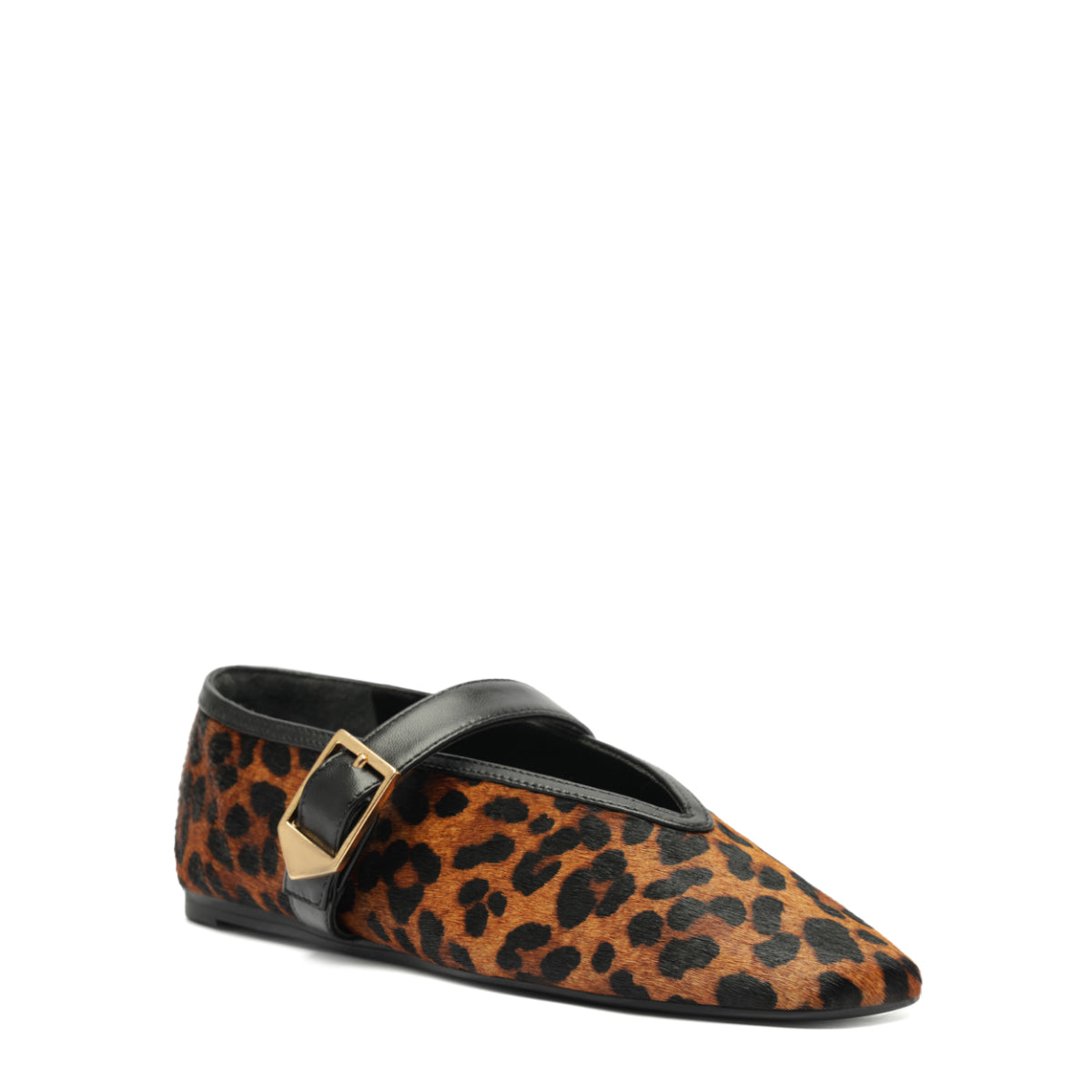 Angled view of Courtney Buckle flat with leopard hair-calf upper, square toe and black buckle strap on white background
