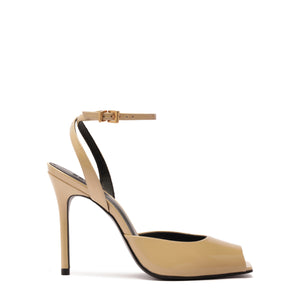 Side view of Estella patent pump showcasing glossy square toe, tall stiletto heel, and ankle strap on white background
