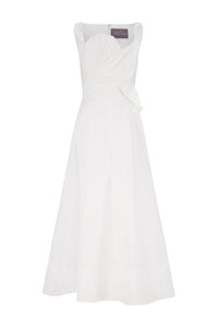 Cotton Poplin Draped Floral Dress in White