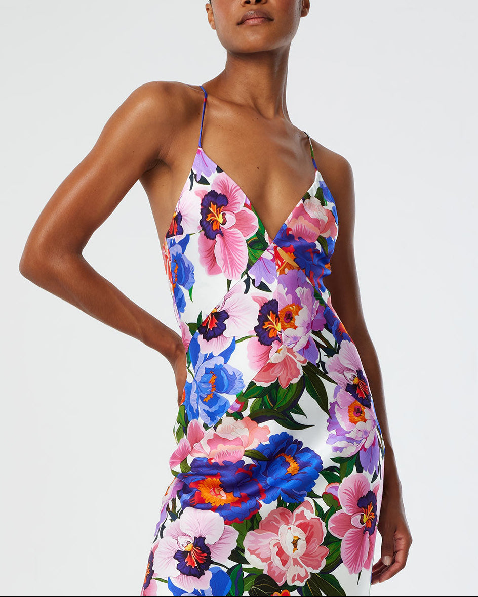 Olive Satin Dress in Floral Candy