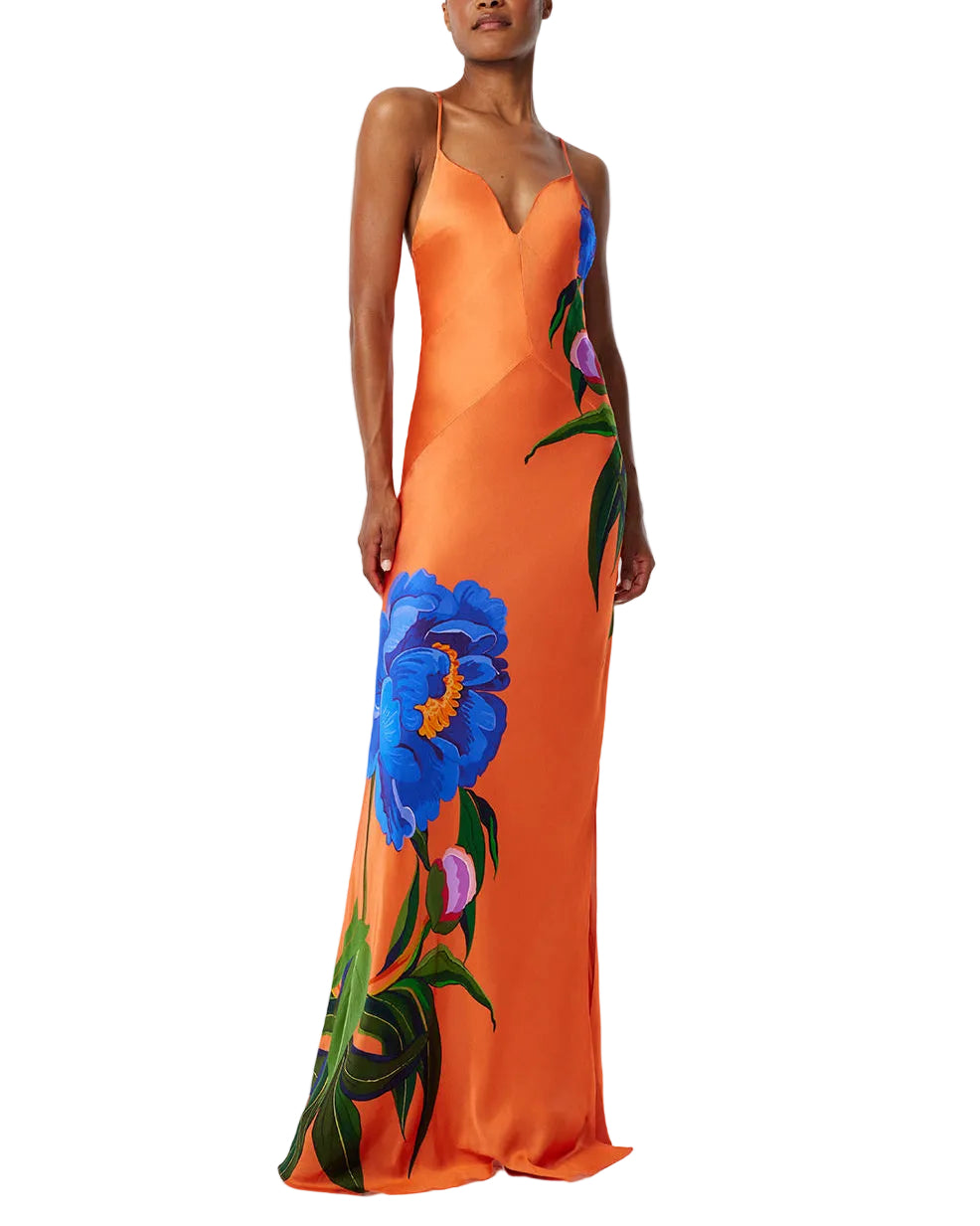 Olive Satin Dress in Floral Candy Coral