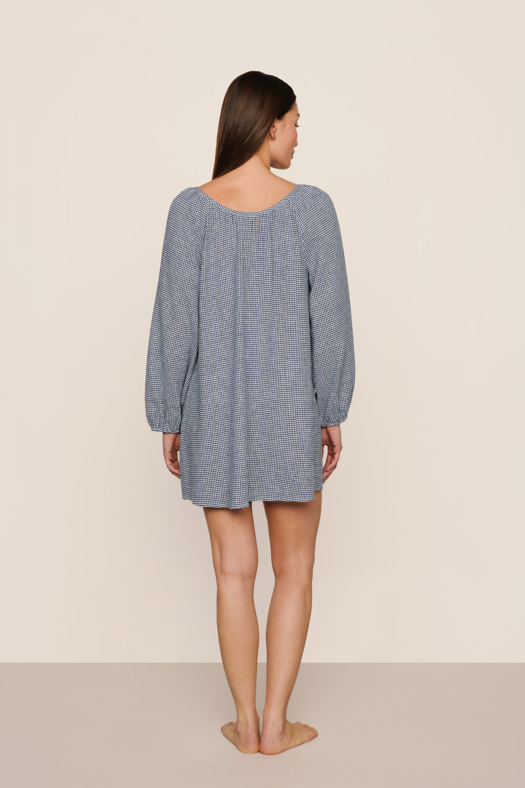 Linen Blend Short Dress in Gingham White/Navy