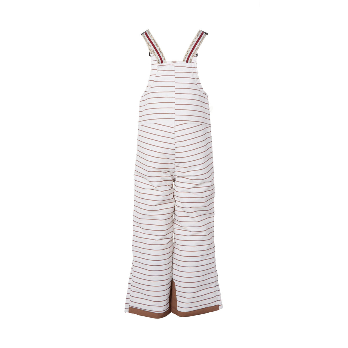 Kids striped brown and white snow bib pants with adjustable straps, waterproof fabric, and reinforced knees for winter play