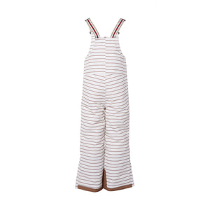 Kids striped brown and white snow bib pants with adjustable straps, waterproof fabric, and reinforced knees for winter play