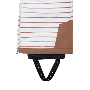 Kids striped brown and white snow bib pants with adjustable straps, waterproof fabric, and reinforced knees for winter play