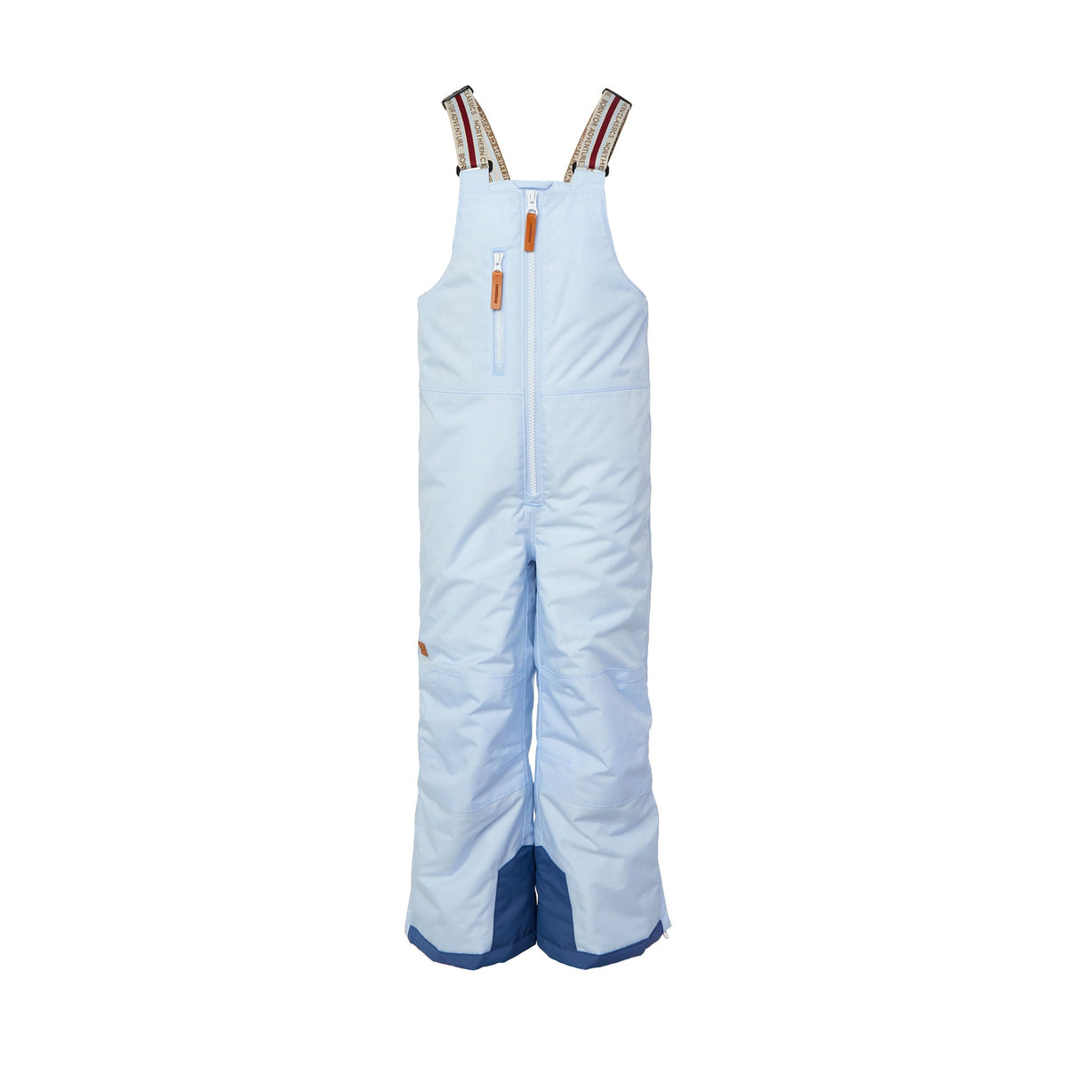 Kids light blue snow bib pants with adjustable straps, waterproof fabric, and reinforced knees for winter play and ski