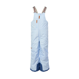 Kids light blue snow bib pants with adjustable straps, waterproof fabric, and reinforced knees for winter play and ski