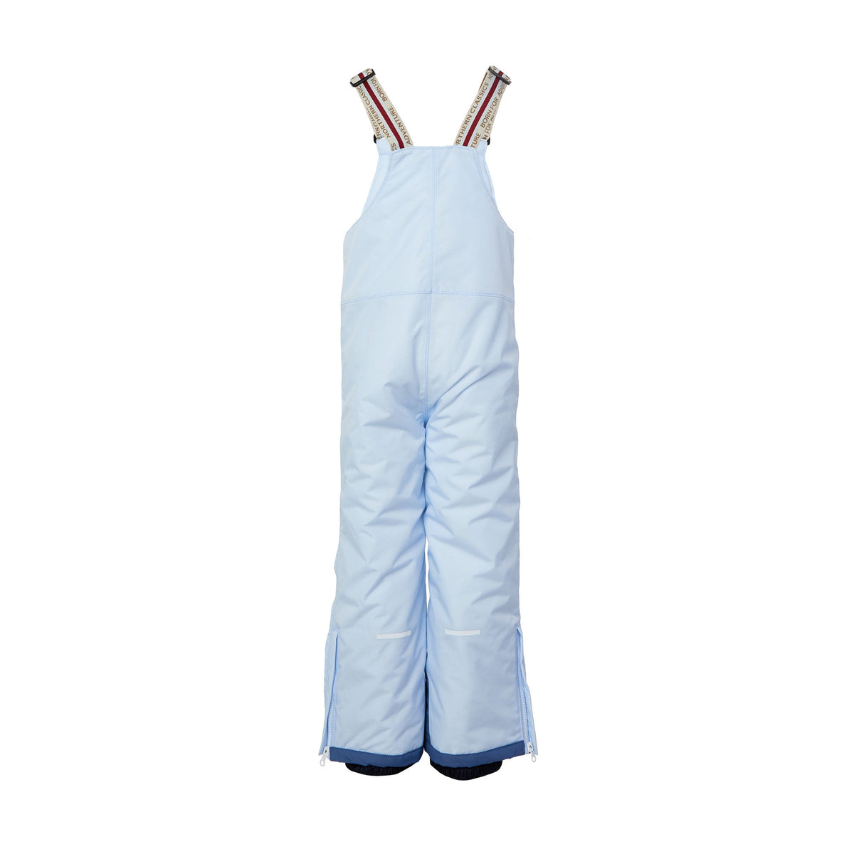 Kids light blue snow bib pants with adjustable straps, waterproof fabric, and reinforced knees for winter play and ski