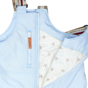 Kids light blue snow bib pants with adjustable straps, waterproof fabric, and reinforced knees for winter play and ski