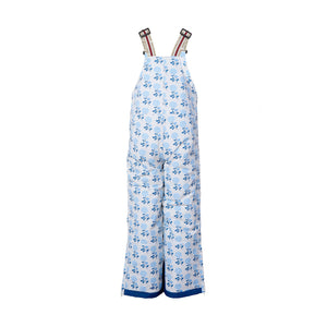 Kids blue floral snow bib pants with adjustable straps, waterproof fabric, and reinforced knees for winter play and ski for girls