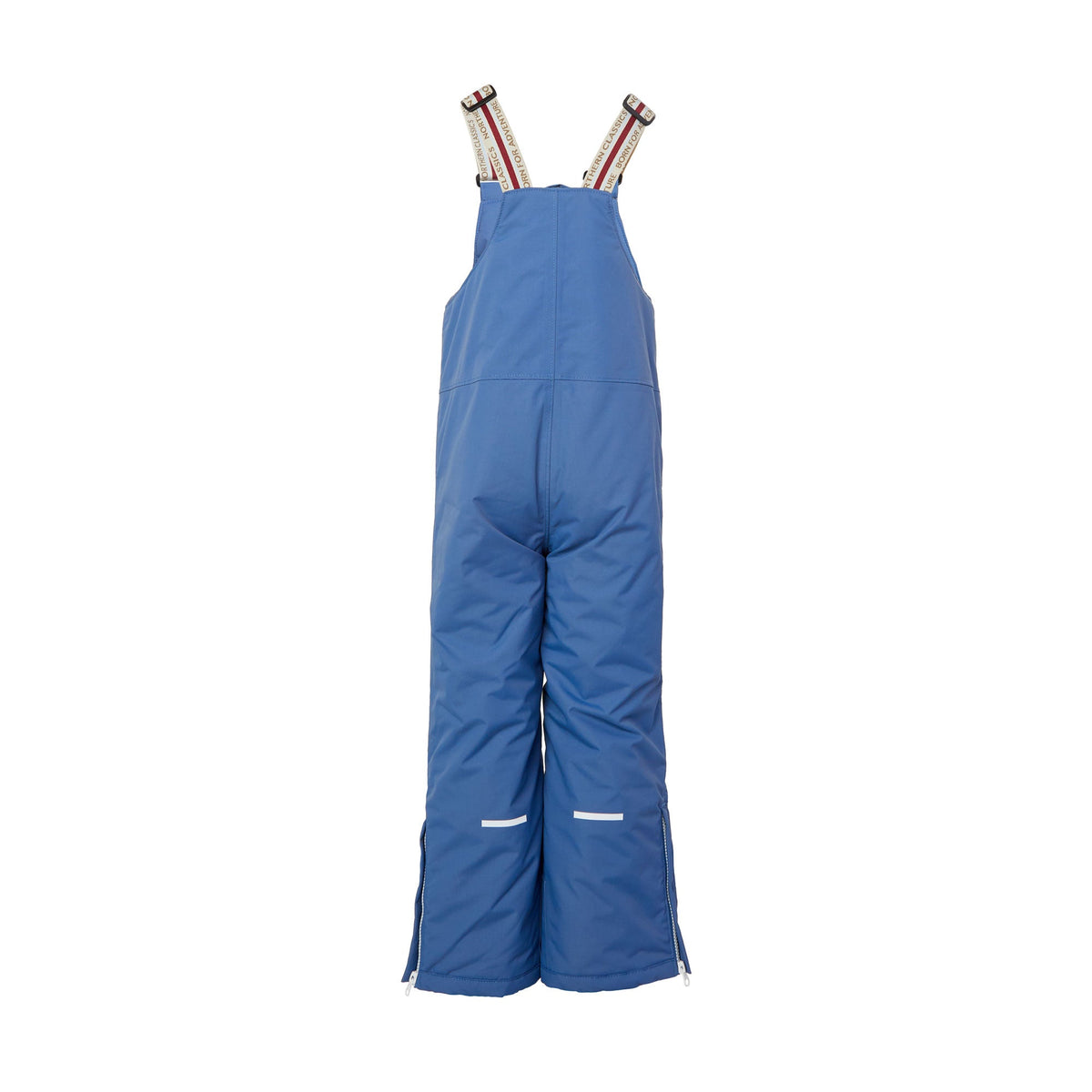 Kids blue snow bib pants with adjustable straps, waterproof fabric, and reinforced knees for winter play