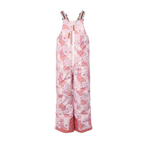 Kids light pink patchwork snow bib pants with adjustable straps, waterproof fabric, and reinforced knees for winter play and ski for girls