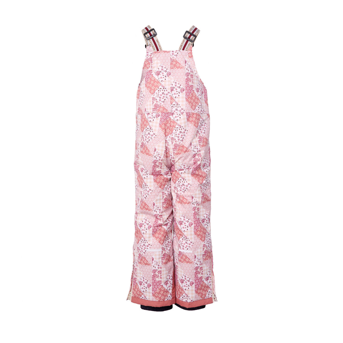 Kids light pink patchwork snow bib pants with adjustable straps, waterproof fabric, and reinforced knees for winter play and ski for girls