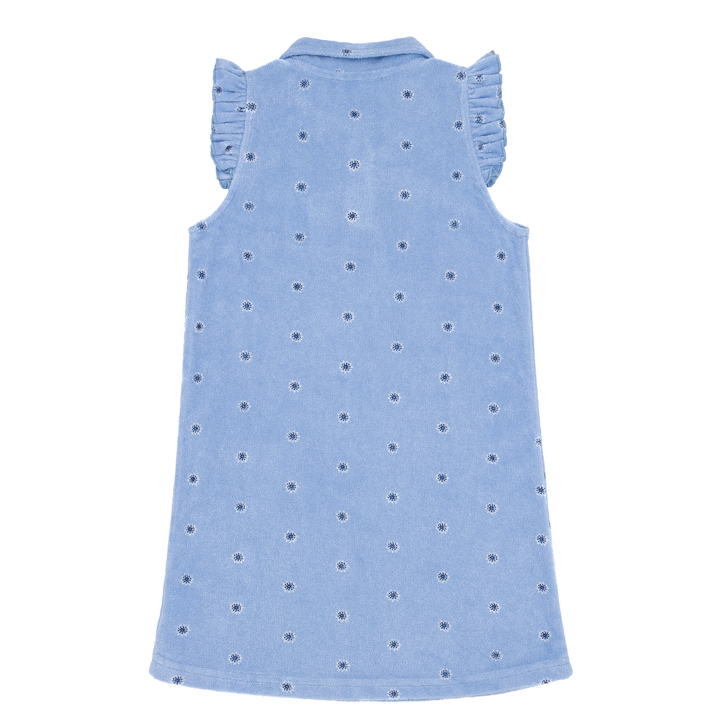 Back view of Girls Gibbs Hill Floral French Terry Dress showcasing blue terry fabric, small daisy print, and ruffle cap sleeves on white background