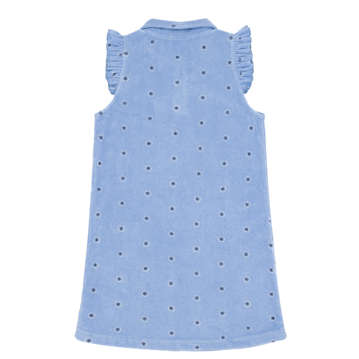 Back view of Girls Gibbs Hill Floral French Terry Dress showcasing blue terry fabric, small daisy print, and ruffle cap sleeves on white background