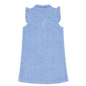 Back view of Girls Gibbs Hill Floral French Terry Dress showcasing blue terry fabric, small daisy print, and ruffle cap sleeves on white background