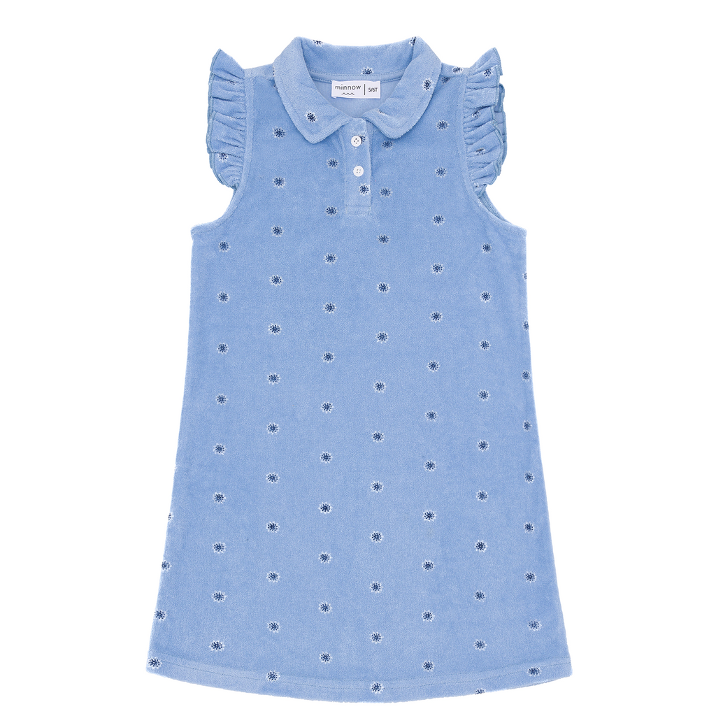 Front view of Girls Gibbs Hill floral French terry dress in blue with Peter Pan collar, ruffle cap sleeves, button placket, and small embroidered daisies on white background