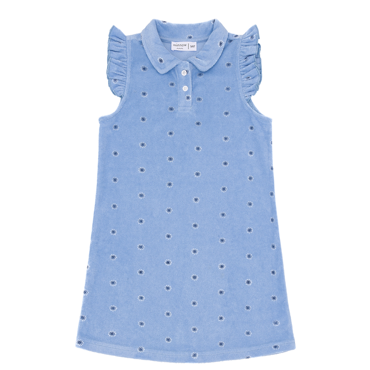 Front view of Girls Gibbs Hill floral French terry dress in blue with Peter Pan collar, ruffle cap sleeves, button placket, and small embroidered daisies on white background