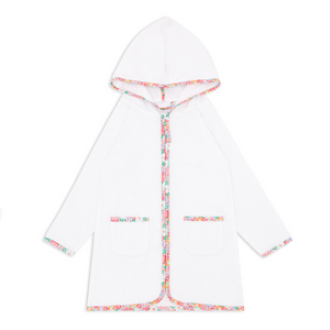 Unisex White French Terry Hooded Zipper Coverup With Island Blossom Trim