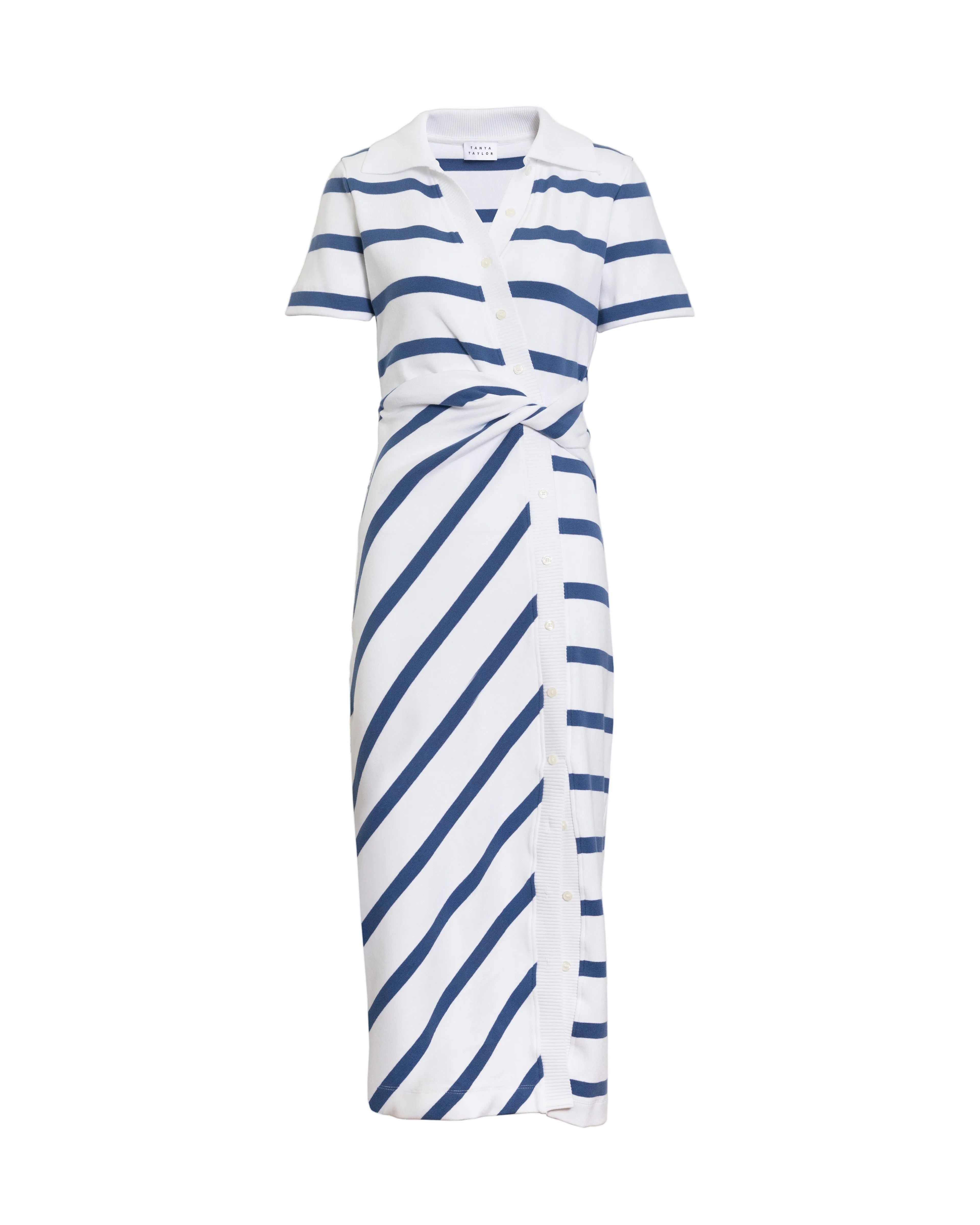 Short Sleeve Ellicot Dress in White & French Blue Wide Stripe