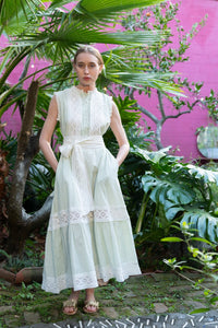 Sleeveless Flounce Dress in Sage Seersucker Lattice Crochet Lace