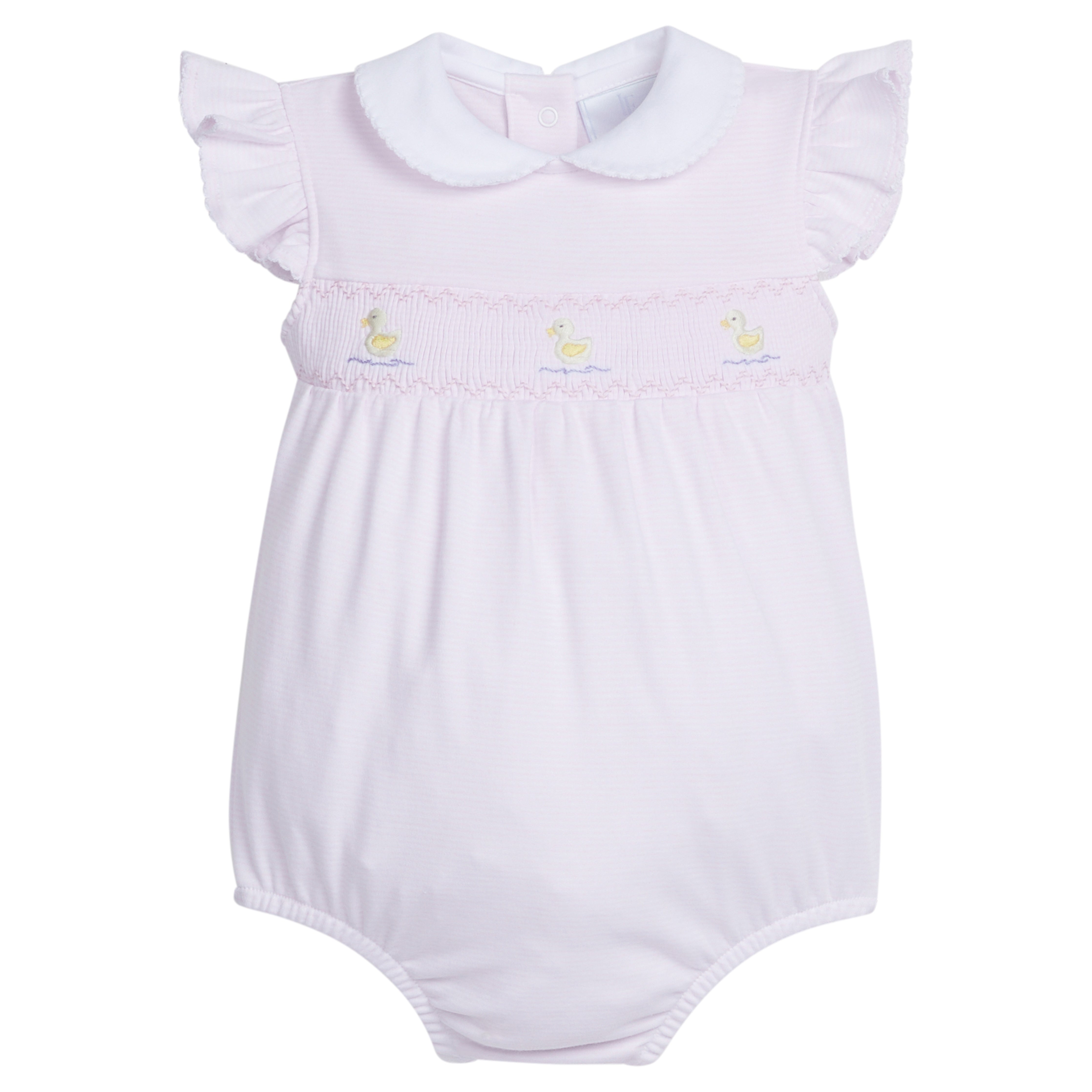 Little English traditional children's clothing.  White and pink striped peter pan bubble with duck embroidery  for baby girls for spring