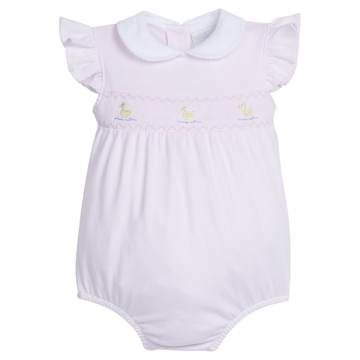 Little English traditional children's clothing.  White and pink striped peter pan bubble with duck embroidery  for baby girls for spring
