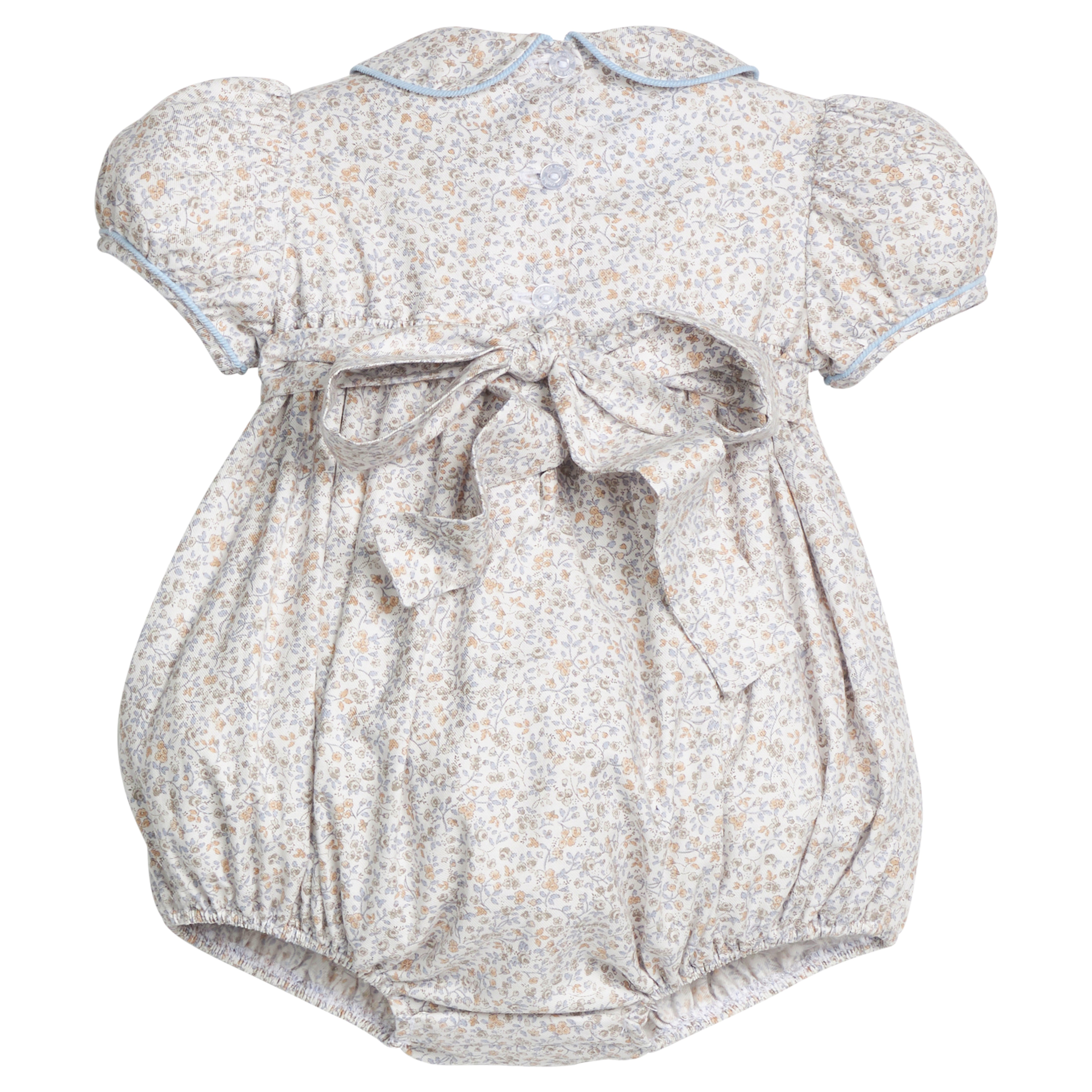little english classic children's clothing baby girls light blue, cream, and light tan floral cap sleeve bubble with bow in back for fall 