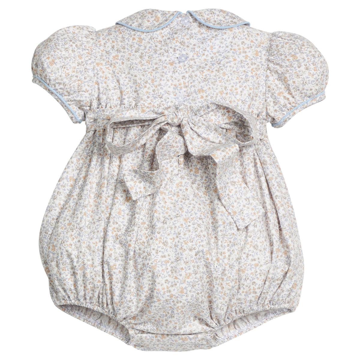 little english classic children's clothing baby girls light blue, cream, and light tan floral cap sleeve bubble with bow in back for fall 