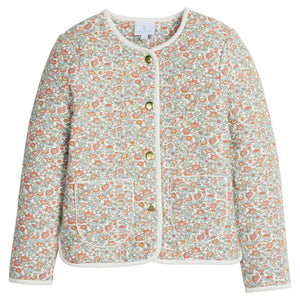 little english classic children's clothing girls button down jacket in light orange, cream, blue, and green floral print for fall with cream piping and front pockets 