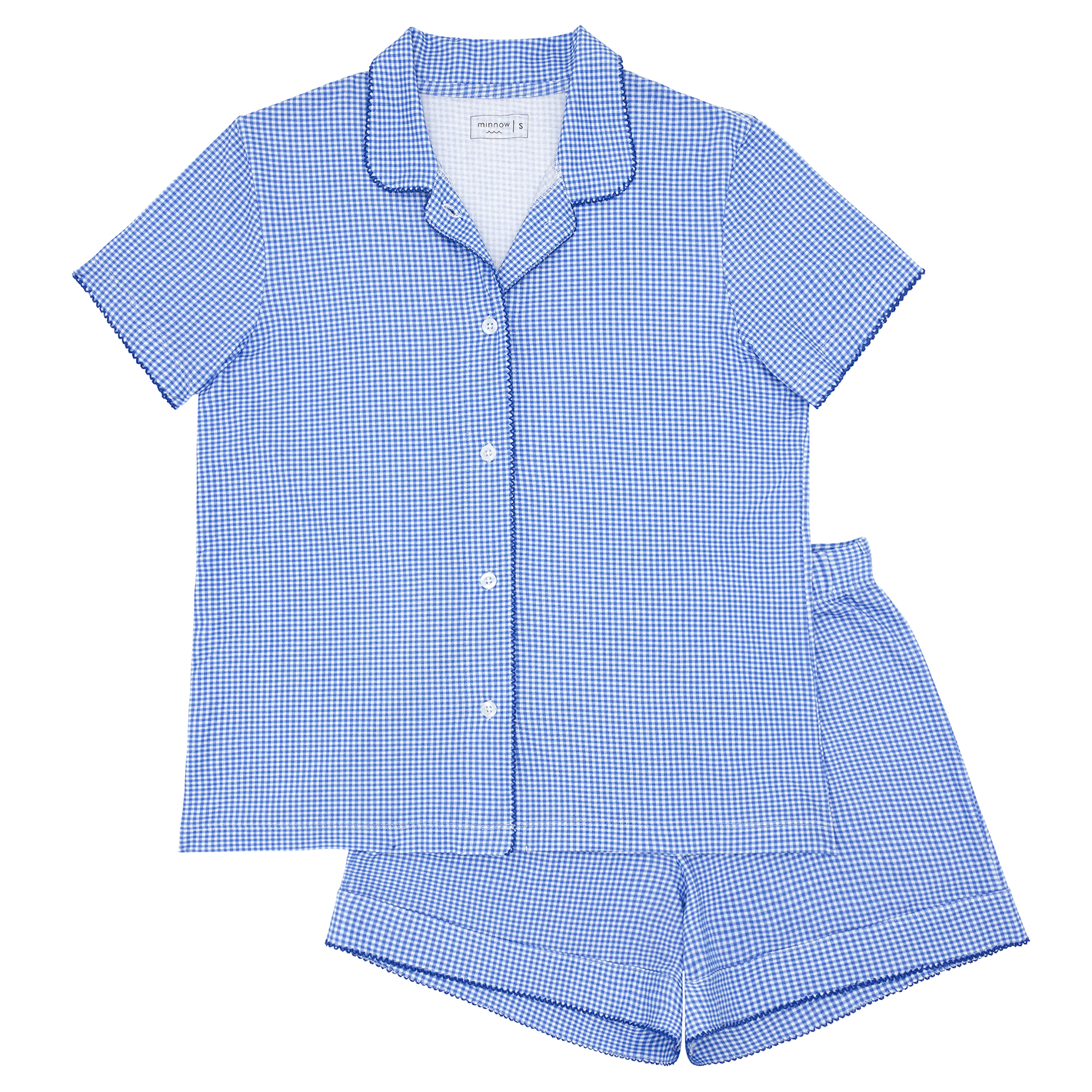 Women's Sky Blue Gingham Collared Shirt And Short Pima Pajamas Set